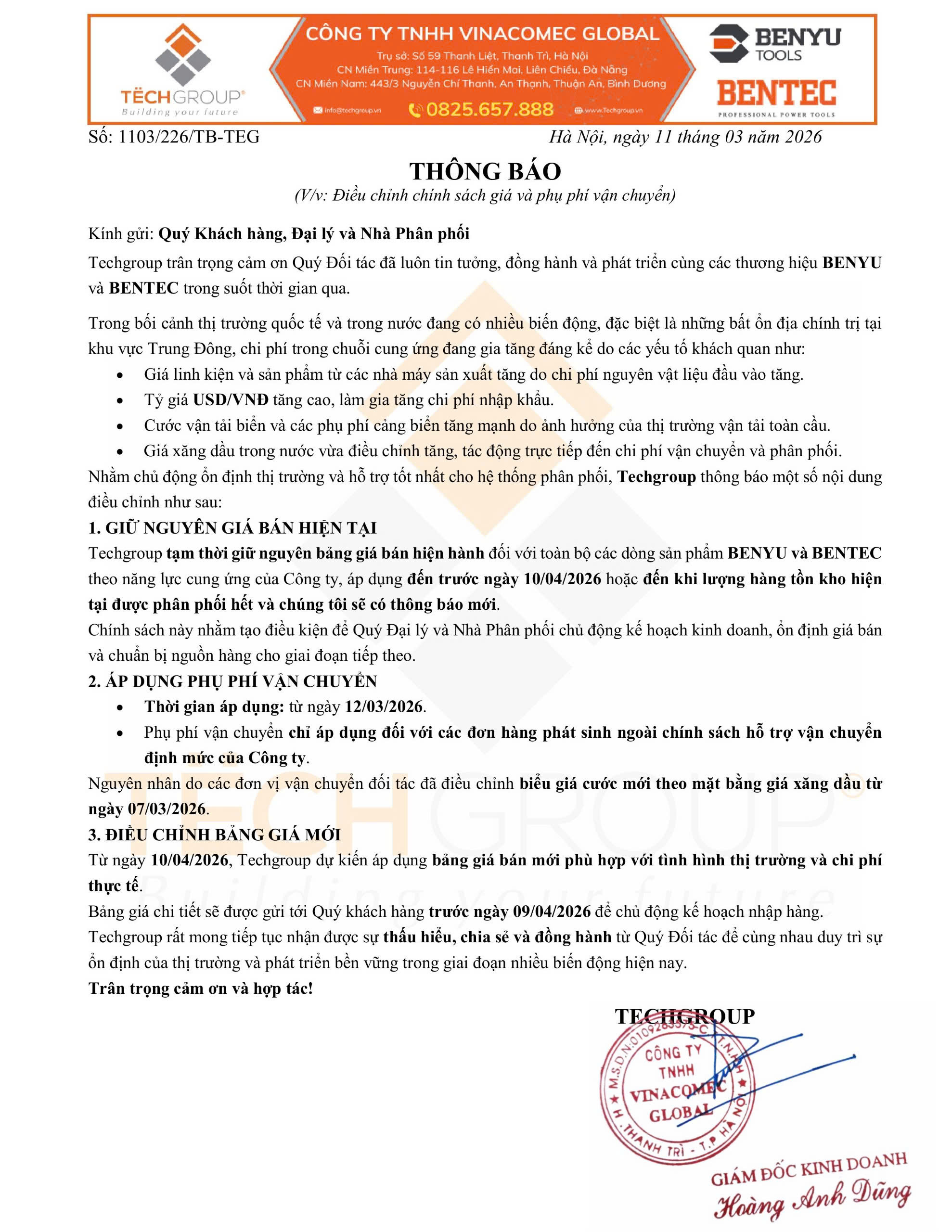 THÔNG BÁO: ĐIỀU CHỈNH CHÍNH SÁCH GIÁ VÀ PHỤ PHÍ VẬN CHUYỂN NĂM 2026